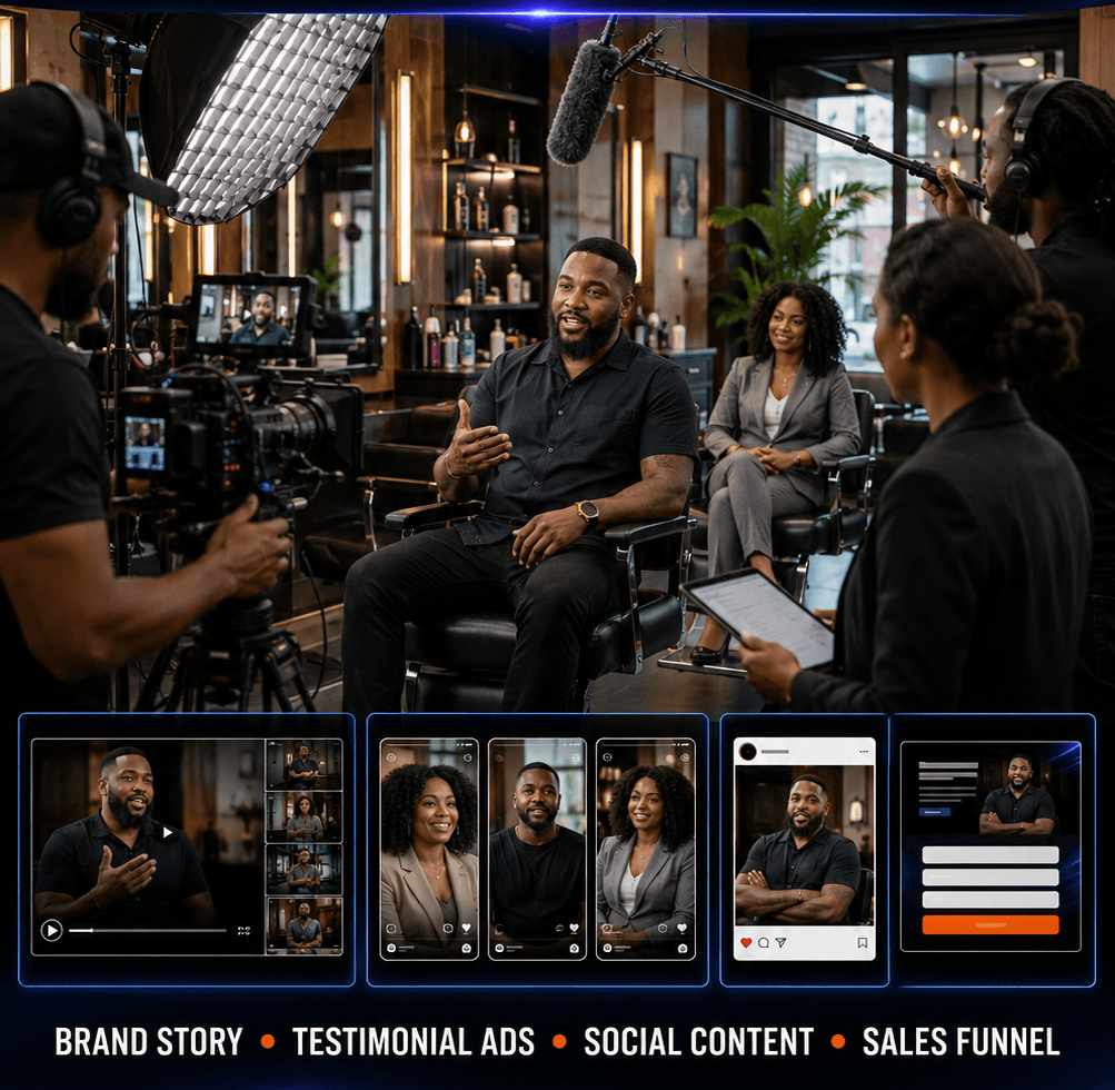 One film day produces a complete campaign — brand story, testimonial ads, social content, and a sales funnel. We come to you.