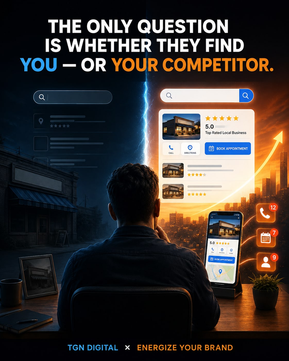 The only question is whether they find you or your competitor. A business owner looks at search results where a top-rated local business with reviews, a Book Appointment button, and rising calls and bookings outshines a dim, unranked competitor.