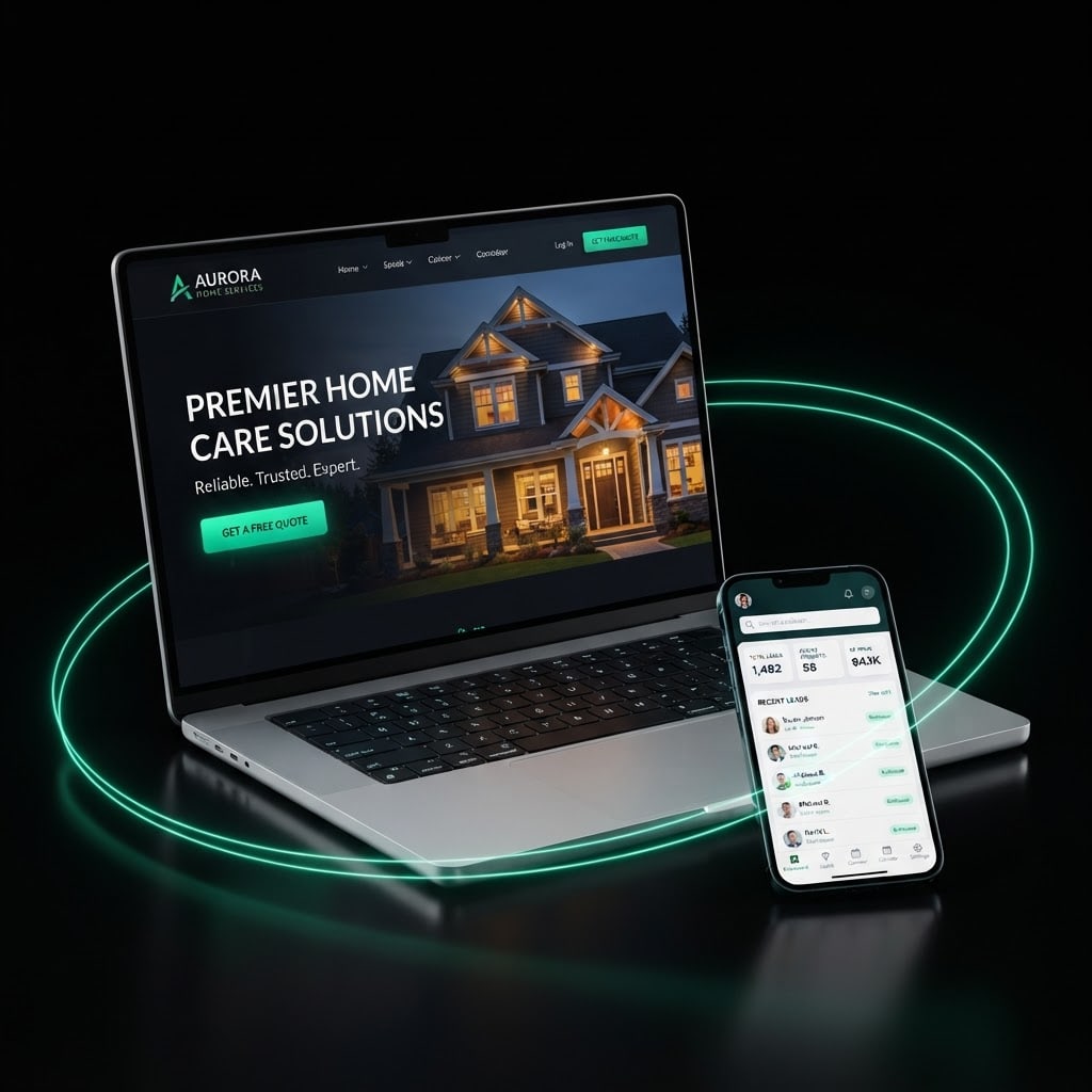 A custom website shown on a laptop alongside a CRM dashboard on a phone, connected by glowing lead-flow lines