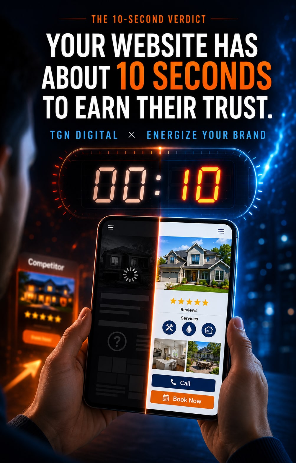 The 10-second verdict: your website has about 10 seconds to earn a customer's trust. A phone split between a slow, dark competitor site and a fast, professional site with reviews, services, Call and Book Now buttons.
