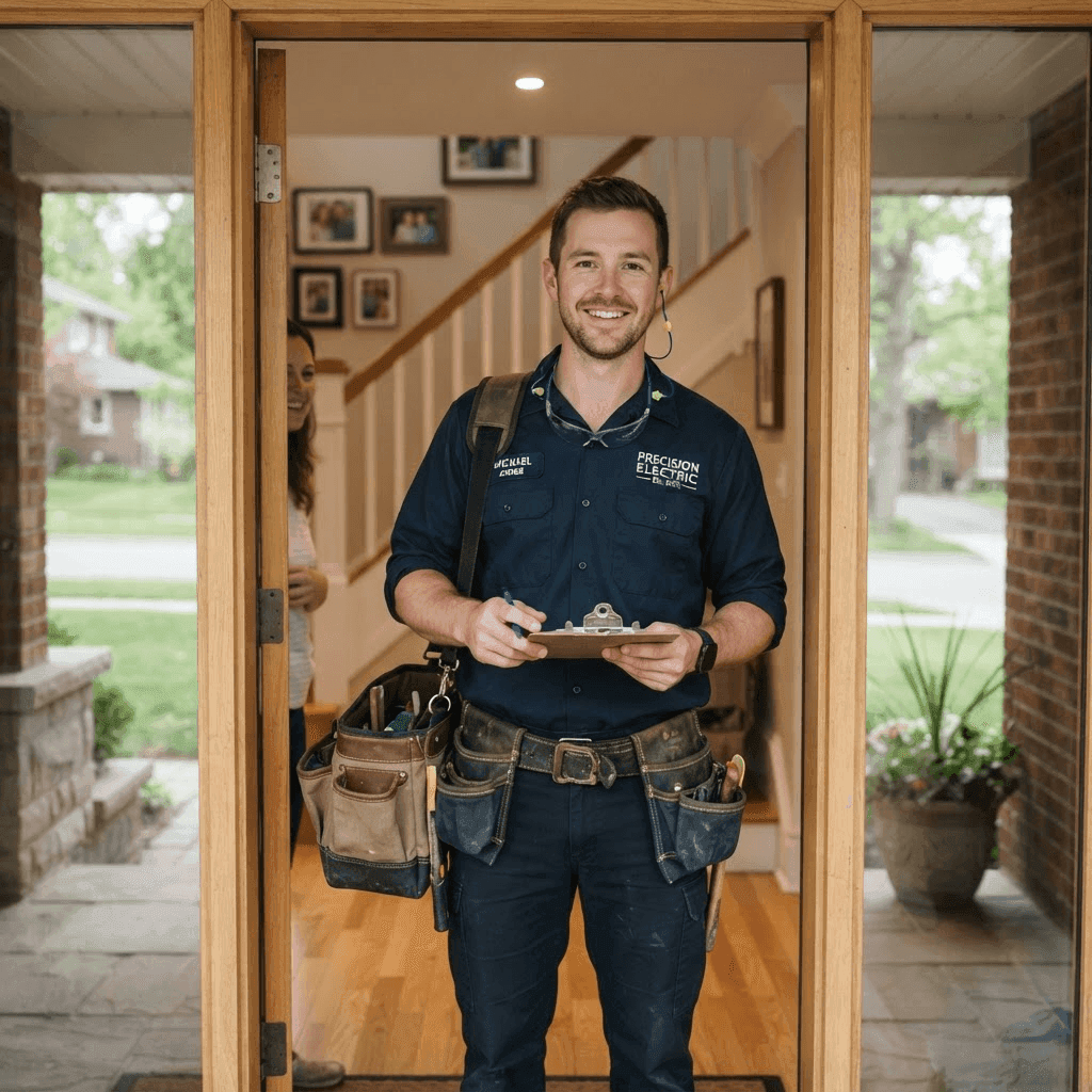 Electrician business owner with tools in a home doorway