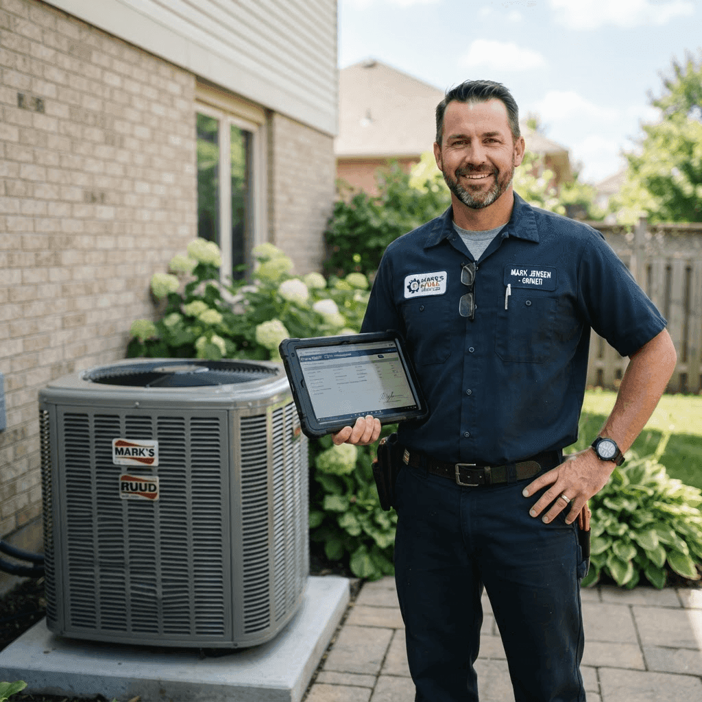 HVAC technician owner with a tablet beside an AC unit