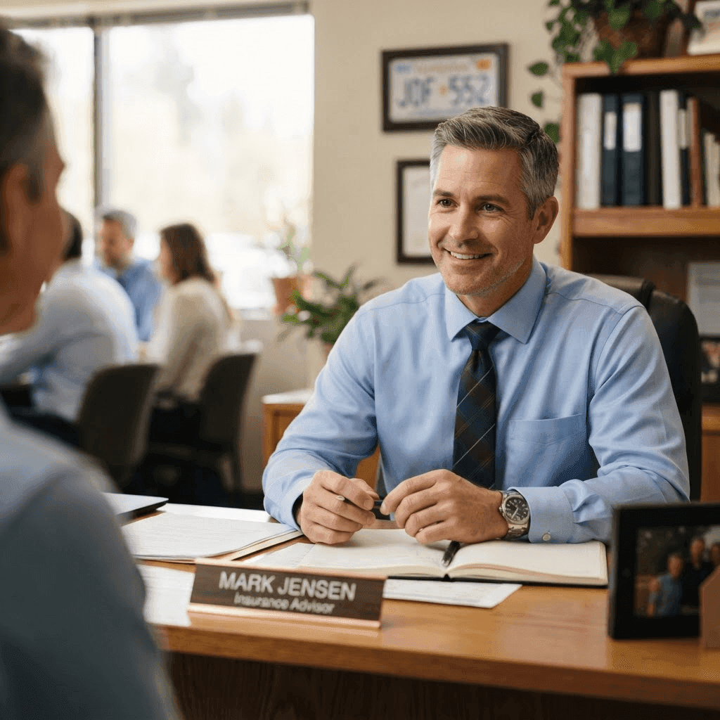 Insurance agent at a desk in a welcoming office