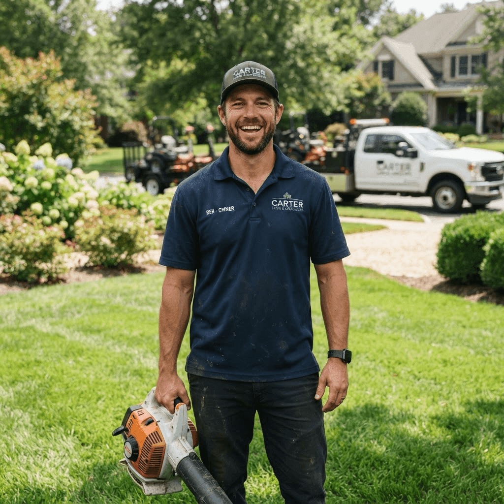 Landscaping company owner standing in a manicured green lawn