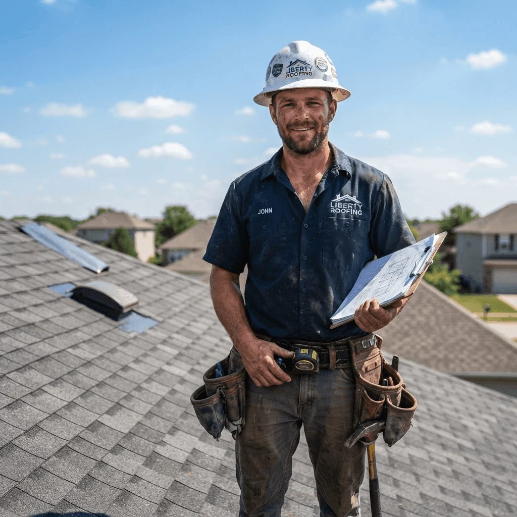 Roofing contractor with a hard hat and clipboard on a rooftop