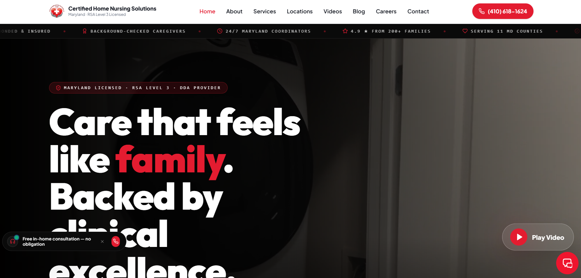 Homepage of the Certified Home Nursing Solutions website built by TGN Digital and Energize Your Brand