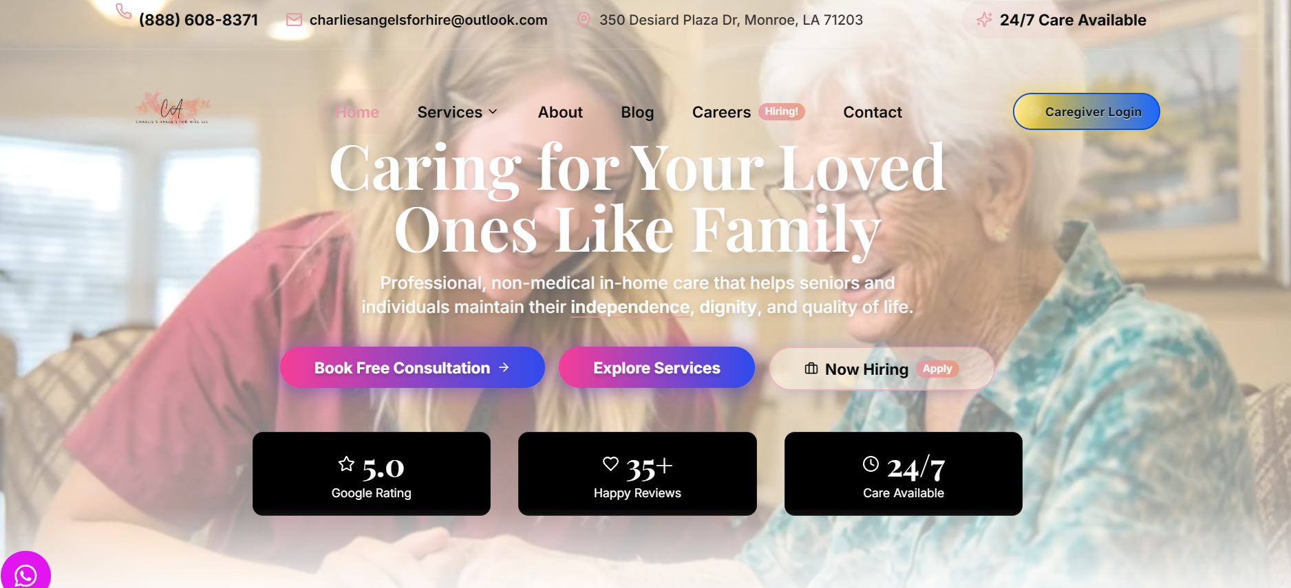 Homepage of the Charlie's Angels For Hire website built by TGN Digital and Energize Your Brand