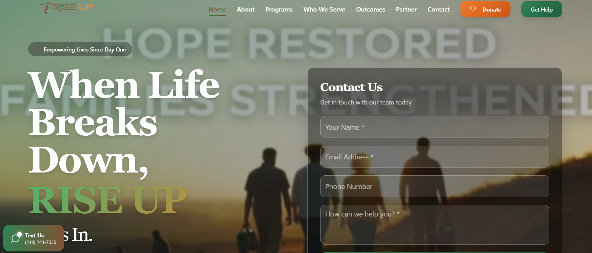 Homepage of the Rise Up website built by TGN Digital and Energize Your Brand